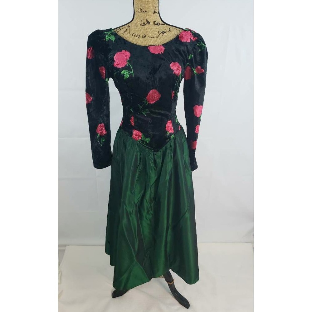 Roberta Womens Formal A Line Dress Green Floral Velvet Satin Vintage‎ Med UO9